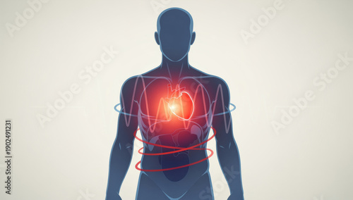 Human silhouette heart glowing medical anatomy cardiology health heartbeat pulse illustration. image shows glowing heart inside human silhouette representing cardiology anatomy and health concepts