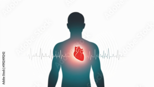 Silhouette human heart anatomy cardiology health heartbeat medical pulse healthcare and wellness illustration showing glowing red heart with heartbeat waves in chest area