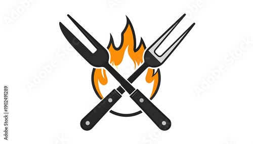 Graphic image featuring crossed forks in front of flames, set against a white background