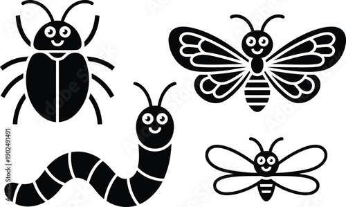 Sticker set of black bug silhouettes including beetle caterpillar butterfly and fly on white surface
