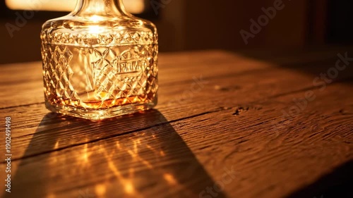 Wallpaper Mural Golden hour light through faceted glass bottle casts dramatic shadows on wooden surface Torontodigital.ca