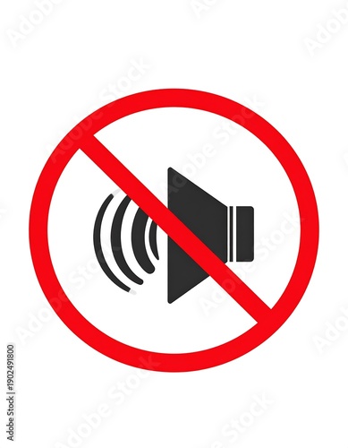 Icon with black speaker inside a red circle with a line; concept for no noise or sound