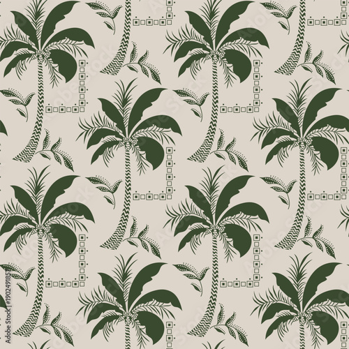 Tropical seamless pattern with hand drawn palm trees. Hawaiian florals summer background for fabric, textiles, clothing, poster, cover, decoration, banner, wallpaper, interior. Vector illustration.