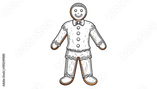 Illustrated gingerbread man with a bow tie and decorative lace, outlined in brown, stands center on white