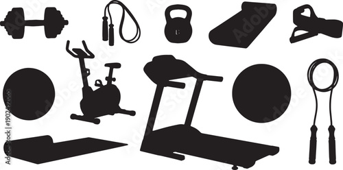 Black silhouettes of gym equipment, fitness icons, treadmill, dumbbell, kettlebell, jump rope, exercise bike, yoga mat, jump rope, fitness tracker or workout icons
