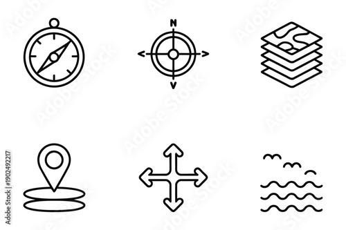 Navigation and Location Icons: Compass, Map, Waves