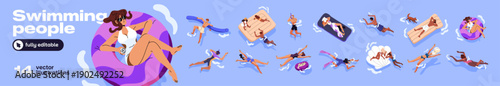 Set of people swimming in water. Tourists are floating on inflatable circles and pool rafts. Men and women in bikini sunbathing, have fun on sea on summer holidays. Flat isolated vector illustrations.