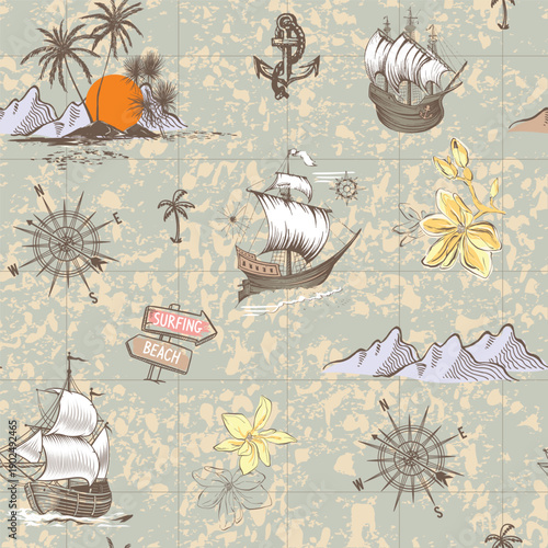 Tropical seamless pattern with hand drawn palm trees. Hawaiian florals summer background for fabric, textiles, clothing, poster, cover, decoration, banner, wallpaper, interior. Vector illustration.