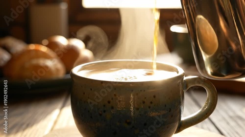 Wallpaper Mural Morning ritual: pouring steaming coffee into mug at sunrise with cozy kitchen backdrop Torontodigital.ca