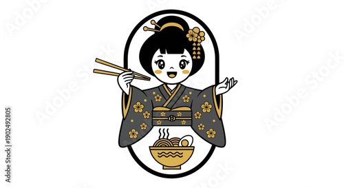 Cute Geisha Character Eating Ramen Noodles with Chopsticks.
