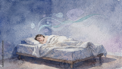 Sleeping woman watercolor painting peaceful bedroom white bedding wooden bed blue wall dreamy atmosphere night relaxation calm serene mood
