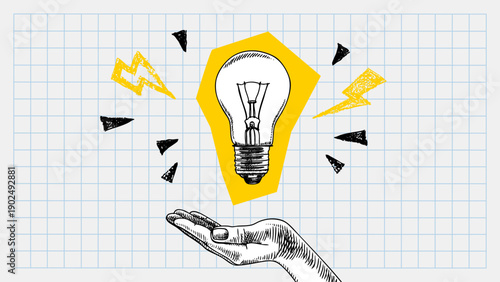 Trendy halftone collage of sketch hand with glowing bulb. Idea concept. Startup, creativity, education, e-learning, innovation design. Modern hand drawn retro vector illustration.