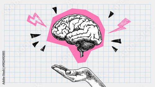 Trendy collage of sketch human brain, hand and scribble doodle elements. Retro halftone effect. Vector hand drawn illustration