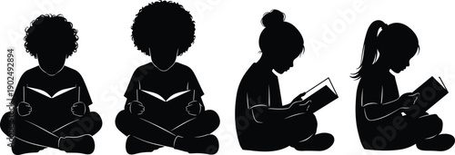 Kids reading books silhouettes collection featuring young boys and girls sitting cross legged studying isolated on white background for education and school library design