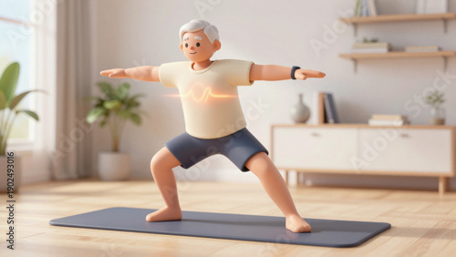 Elderly man cartoon character practicing yoga on mat in living room, wearing casual sportswear, healthy lifestyle, calm atmosphere, heart health concept, modern home interior