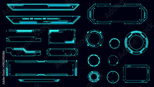 Futuristic user interface elements in bright cyan on a dark background