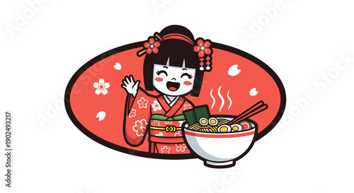 Cute Japanese Geisha Girl Waving with a Bowl of Steaming Ramen Noodles.