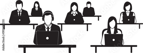 Black silhouette set of bags clothes shoes and business people working in an office