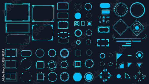 Collection of glowing blue geometric shapes and digital interface elements