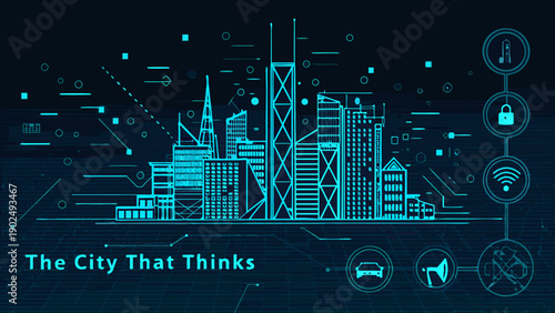 Futuristic cityscape illustration with connected technology and smart city elements