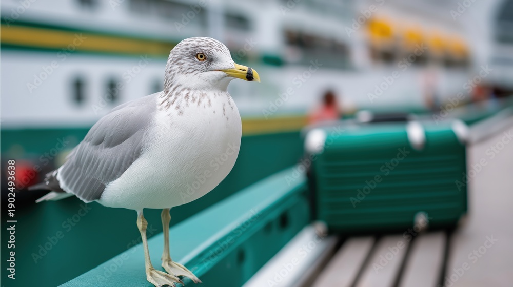 Obraz premium Seagull perched on railing at port with ferry in background