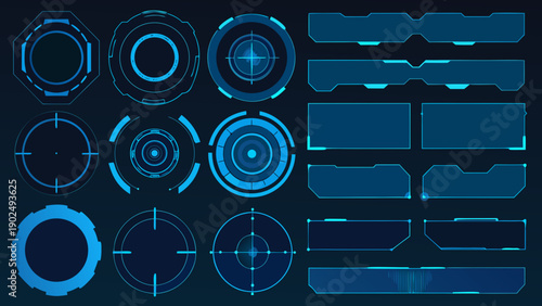 Futuristic user interface elements in shades of blue and cyan