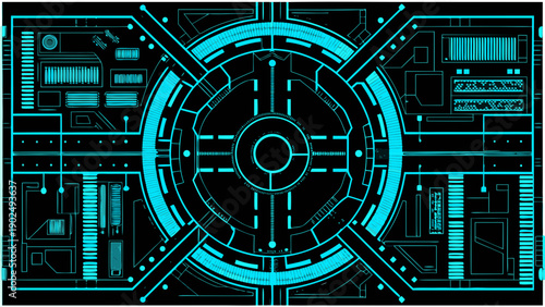 Abstract futuristic interface with glowing blue lines and central targeting reticle