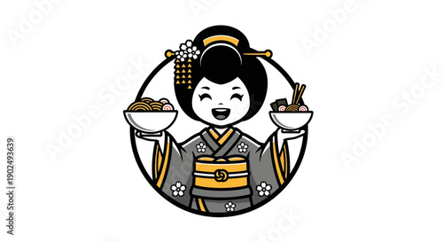Cute Japanese Geisha Mascot Holding Bowls of Delicious Asian Food.