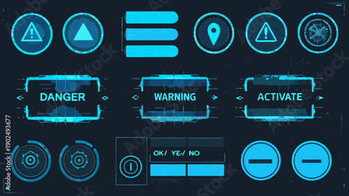 Futuristic user interface elements with warning and activation indicators