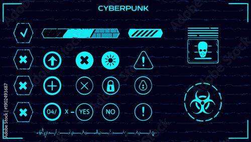 Fotografie Cyberpunk interface elements glowing icons and a digital waveform display