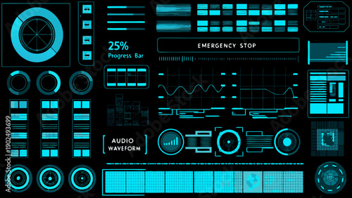 Futuristic user interface elements displayed on a dark background