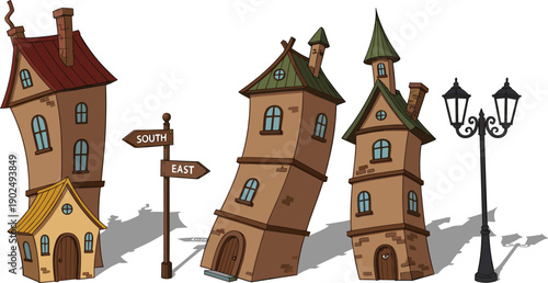 Whimsical storybook house collection featuring crooked fairy tale cottages vintage wooden street lamp and directional signpost in a charming hand drawn cartoon vector style