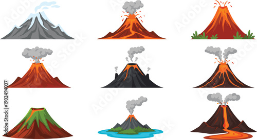 Volcano eruption vector icon set featuring active lava flows smoke clouds magma explosions dormant peaks snow capped mountains and tropical island volcanic landscapes in a flat design style