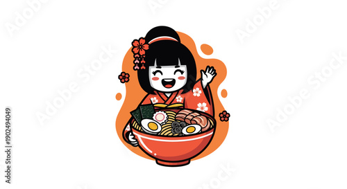 Cute Japanese Geisha Girl in Kimono Waving with a Bowl of Ramen Noodles.
