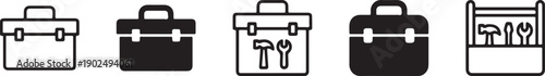 Toolbox and briefcase icon set showcasing various styles including line, solid, tools, rounded, and detailed designs Vector