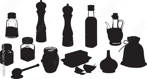 Black silhouette kitchen utensils and condiment bottles vector set, for mockup or design element, Isolated on transparent background, png