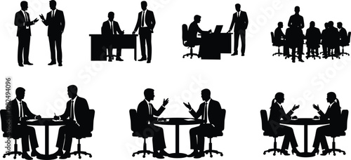 Business people silhouettes in meeting, interview and discussion scenes isolated vector illustration corporate negotiation teamwork communication office workplace set