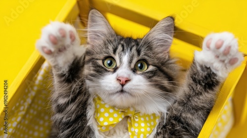 Playful tabby cat with polka dot bowtie in yellow wooden box