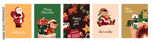 Merry Christmas and Happy New Year greeting cards designs set. Cute postcard layouts for Xmas and winter holidays. Festive templates with Santa Claus and elves with gifts. Flat vector illustrations.