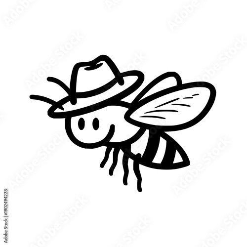 Illustration of a cartoon bee wearing a hat with wings and stripes on its abdomen in black and white