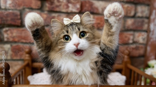 Fluffy kitten with bow playing in wooden cradle