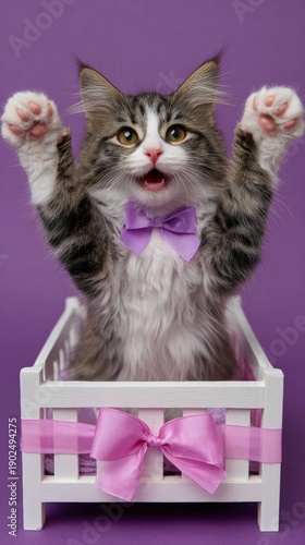 Playful kitten with purple bow in wooden crate on purple background