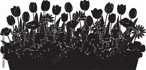 Black and white of various flowers in a pot tulips