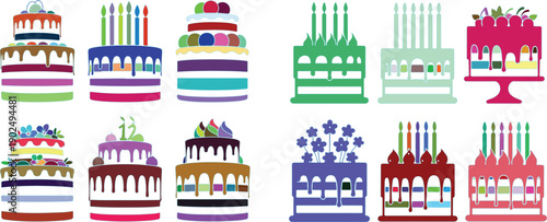 Colorful Birthday Cakes with Candles and Decorations