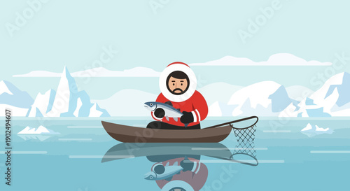 A serene flat design illustration depicting an Inuit fisherman in a traditional boat on Greenlandic waters, showcasing the importance of fishing and hunting to the local economy and culture.
