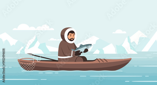 A serene flat design illustration depicting an Inuit fisherman in a traditional boat on Greenlandic waters, showcasing the importance of fishing and hunting to the local economy and culture.