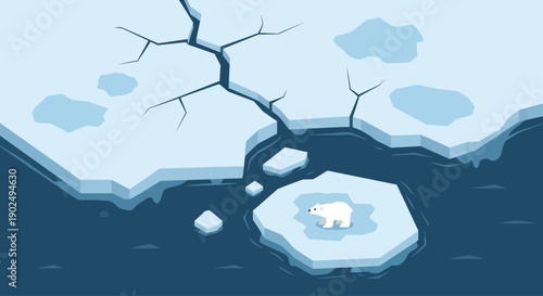 A powerful flat design illustration representing the severe impact of climate change on Greenland, depicting melting ice sheets and a vulnerable polar bear on a diminishing ice floe.