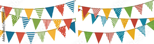 Colorful triangular pennant flags hanging in rows triangular flags