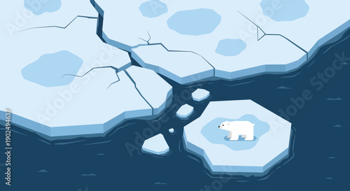 A powerful flat design illustration representing the severe impact of climate change on Greenland, depicting melting ice sheets and a vulnerable polar bear on a diminishing ice floe.