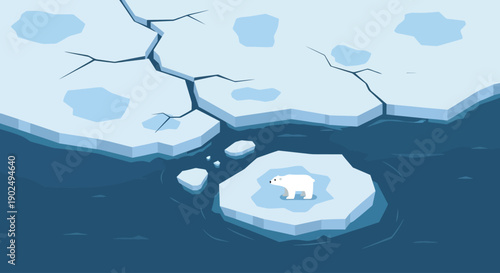 A powerful flat design illustration representing the severe impact of climate change on Greenland, depicting melting ice sheets and a vulnerable polar bear on a diminishing ice floe.